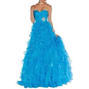MAC DUGGAL Blue Ruffle Strapless Pleated Chiffon Gown Dress Rhinestones 6254H- 6